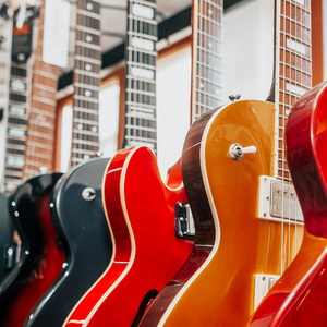 Guitars hanging in a shop